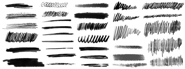 Marker lines isolated on transparent background. Set of different doodle underlines, rough round shapes. Hand drawn marker stripes. Scrawl texture underline effect	
