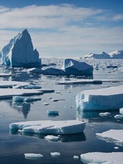 Vast expanse of icy waters dotted with numerous icebergs, floating ice chunks under clear blue sky. Largest iceberg stands prominently in background.