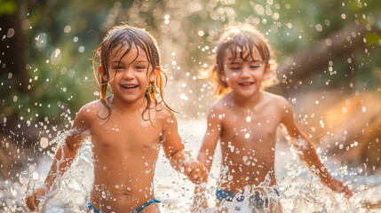 Obraz premium Two happy children running through water splashing and playing