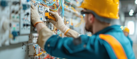 Skilled lighting technicians working together to install modern light fixtures in commercial setting
