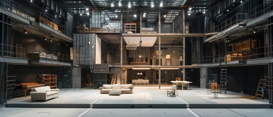 Stagehands working together to move and position set pieces on a theater stage