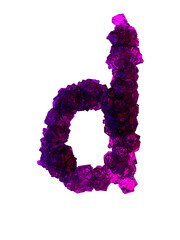 Small letter d made of many growing crystals in red and blue light, 3d rendering