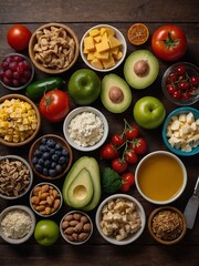 Nutritious food selection presented on a wooden table, top-down view