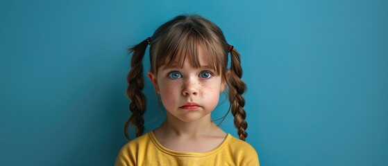 Portrait of sad offended crying little girl child on flat blue color background 