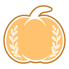 An orange pumpkin with a white outline and leaves on the sides
