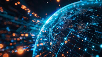 Blue holographic globe with data streams, depicting realistic ai global network connections