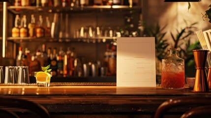 A cocktail menu mockup in an elegant bar setting, featuring a blank menu against a backdrop of bar accessories and glasses.