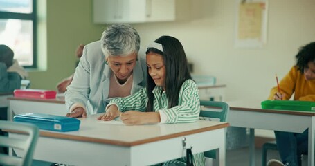 Teacher, student and happy with help in classroom for education, knowledge and learning. People, female educator and girl at school for exam, test and assignment for life skills and child development