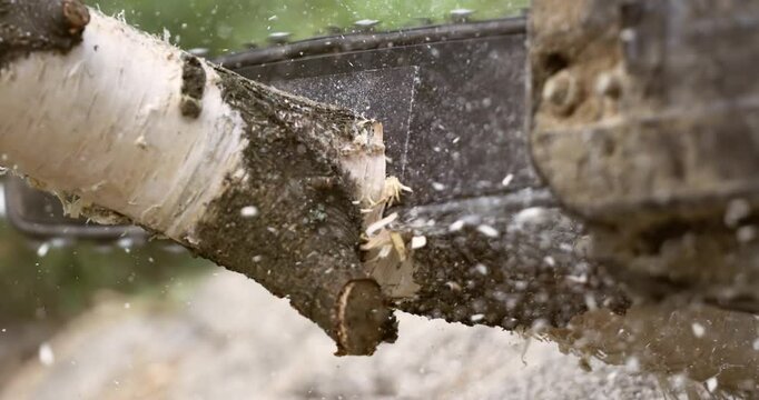 Woodcutter saws tree with electric chain saw on sawmill. Chainsaw used in activities such as free falling, pruning, cutting fire breaks, and harvesting of firewood. Shot on super slow motion 1000 fps