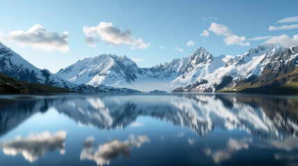 Majestic snow-capped mountains reflect in the calm, serene lake water under a clear blue sky with a few scattered clouds.