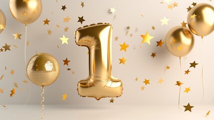 A gold balloon with the number 1 on it is surrounded by confetti and stars. The image conveys a celebratory mood, as the number 1 is often associated with birthdays and special occasions.