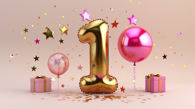 A gold balloon with the number 1 on it is surrounded by confetti and stars. The image conveys a celebratory mood, as the number 1 is often associated with birthdays and special occasions. - Powered by Adobe