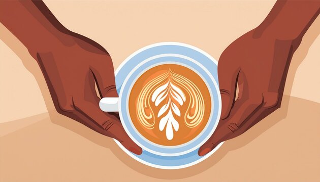 Illustration of Close-up of a Barista's hands creating latte or cappuccino art in slow motion, capturing the swirling motion of the milk
