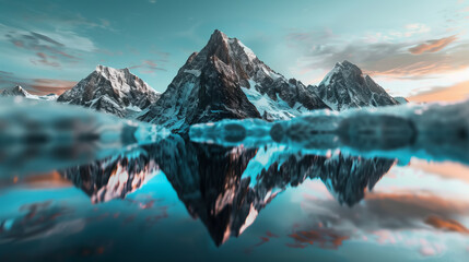 Breathtaking snowy mountain reflected in pristine lake under vibrant sky. Perfect for nature, landscape, and serenity themes.