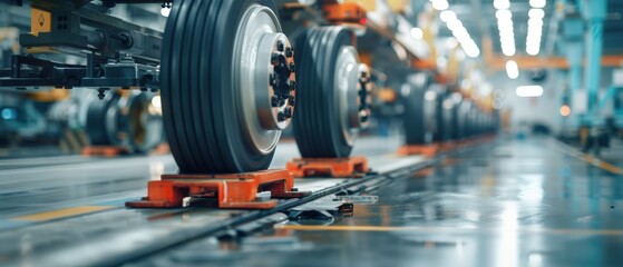 Obraz premium Automotive Industry Conveyor System: Transfer of Car Wheels in Production Line