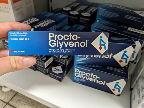 Prague, Czech Republic - July 10 2024: PROCTO GLYVENOL rectal cream with TRIBENOSIDE and LIDOCAINE active substances by RECORDATI, used for treatment of hemorrhoids.






