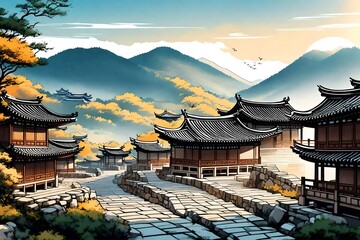 Obraz premium Beautiful Korea, nature landscape with sunrise and hanok, ink painting, Korean traditional painting vector.