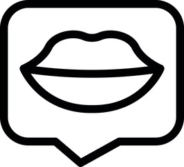 Simple icon of a speech bubble containing a pair of lips, perfect for representing conversations about love, gossip, or beauty