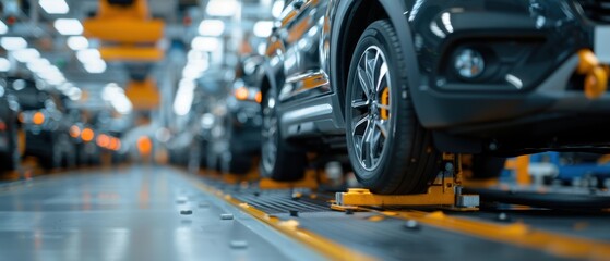 Precision Assembly Line: Car Wheels Installation Process on Vehicle with Mechanical Tools in Automotive Manufacturing Plant
