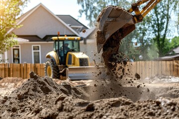 Fototapeta premium Working Excavator Tractor Digging A Trench At Construction Site.Close-up of a construction site excavator. Beautiful simple AI generated image in 4K, unique.