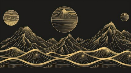 Japanese mountain background set, wavy line style. Modern collection design elements, frames, labels, invitations, social media, packaging, luxury products, perfume, wine etc.