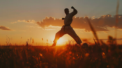 Silhouette of a martial artist practicing at sunset.