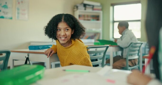 Kids, students and smile with gossip in classroom at school for cheating on exams, test and assessment. Girls, learner and happy classmates for sharing or help with information, knowledge and answers