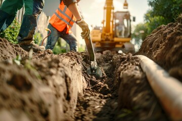 Working Excavator Tractor Digging A Trench At Construction Site.Close-up of a construction site excavator. Beautiful simple AI generated image in 4K, unique.
