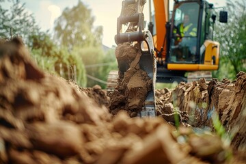 Fototapeta premium Close-Up of Crawler Backhoe on Soil. Beautiful simple AI generated image in 4K, unique.