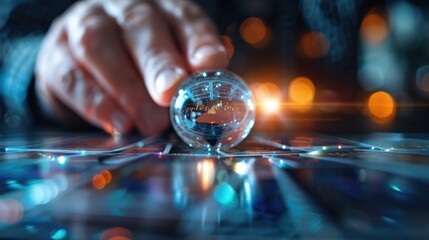 Fototapeta premium A close-up of a hand moving a glowing crystal ball over a laid-out spread of tarot cards, illuminating the scene with soft, radiant light, suggesting mystical and spiritual exploration.