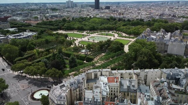 Luxembourg Garden and Paris cityscape, France. Aerial drone view