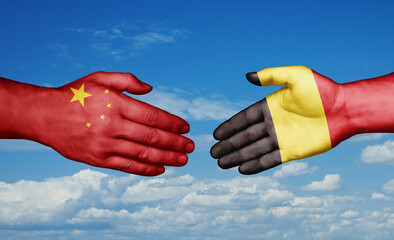 Belgium and China country handshaking with flags, consensus concept international co-operation illustration