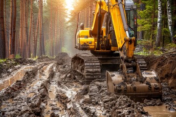 Working Excavator Tractor Digging A Trench At Construction Site.Close-up of a construction site excavator. Beautiful simple AI generated image in 4K, unique.