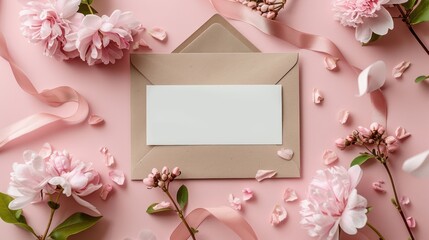 Envelopes, ribbons and flowers are stuck on a pastel pink background.