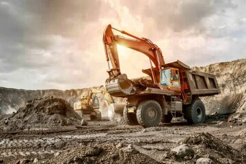 Working Excavator Tractor Digging A Trench At Construction Site.Close-up of a construction site excavator. Beautiful simple AI generated image in 4K, unique.