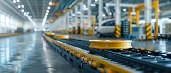 Fototapeta premium Efficient Automated Conveyor Systems Moving Car Wheels in Factory Setting