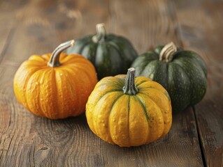 Pumpkins arranged on a rustic wooden table, perfect for autumn-themed projects and festive decor.