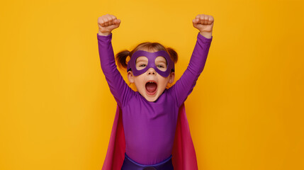 Cute little confident girl at home in superhero costume.