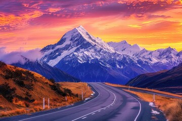 majestic mountain highway winding road through snowcapped peaks at sunrise vibrant sky sweeping vistas wanderlustinducing