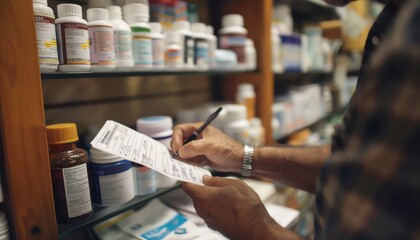 A man filling out a prescription refill form at the pharmacy