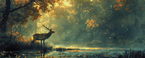 deer moves through a dense, realistic forest in the sun's rays. Realistic details of trees, foliage and forest floor, highlighting the surreal element.
