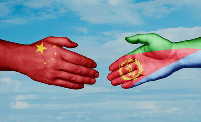 Eritrea and China country handshaking with flags, consensus concept international co-operation illustration