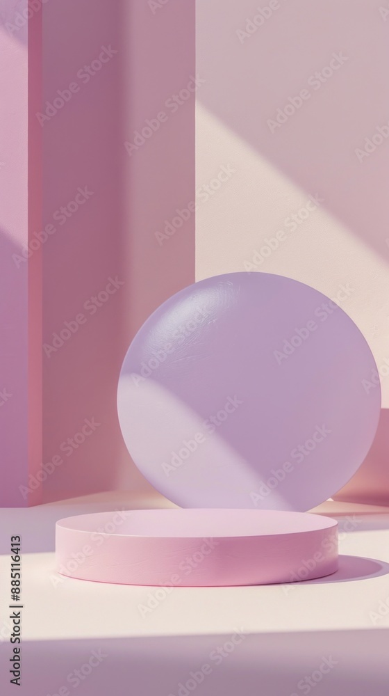Poster A pink cylindrical platform sits on a white surface in front of a larger pink sphere. Soft sunlight casts shadows on the objects