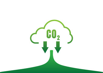 Carbon Dioxide Reduction Concept. Green clouds and the CO2 symbol, down arrow on white background.