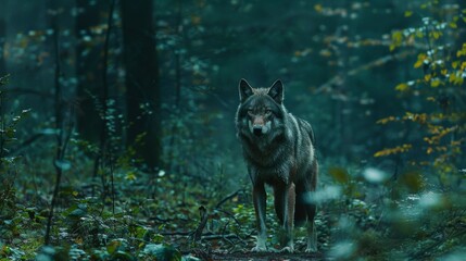 A wolf is standing in a forest with wet leaves on the ground
