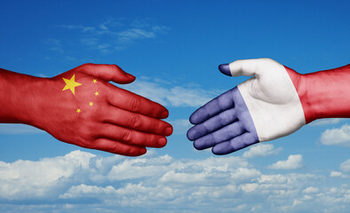 China and France country handshaking with flags, consensus concept international co-operation illustration