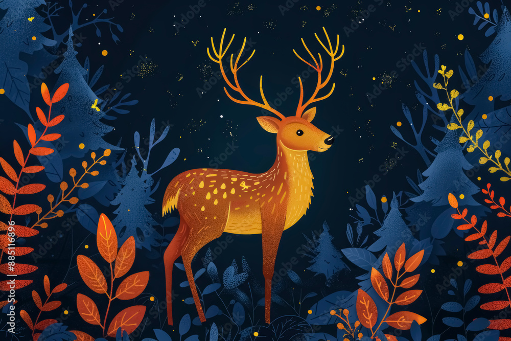 Poster a stylized flat illustration of a deer in a modern graphic style, characterized by bold outlines and