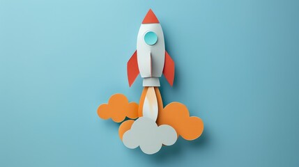 Colorful paper art of a rocket launching on center blue background, symbolizing creativity, innovation, and exploration.