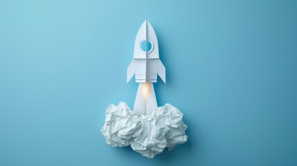 White paper art of a rocket launching center on blue background, symbolizing creativity, innovation, and exploration. with copy space.