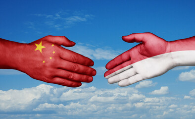 Indonesia and China country handshaking with flags, consensus concept international co-operation illustration